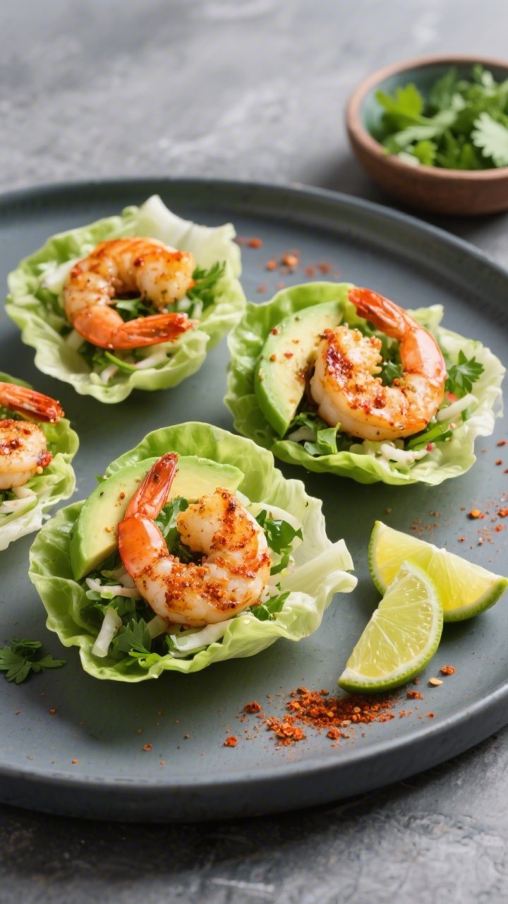 45-degree action-free plated shot of chili-lime shrimp lettuce wraps: juicy seared shrimp coated in chili powder, smoked paprika, ground cumin, sea salt, and lime zest nestled in crisp butter lettuce cups, topped with avocado slices and a vibrant cilantro slaw; lime wedges and a small bowl of extra cilantro nearby, visible sprinkle of lime zest and 2 tablespoons lime juice sheen on shrimp; bright, punchy colors, modern slate background.