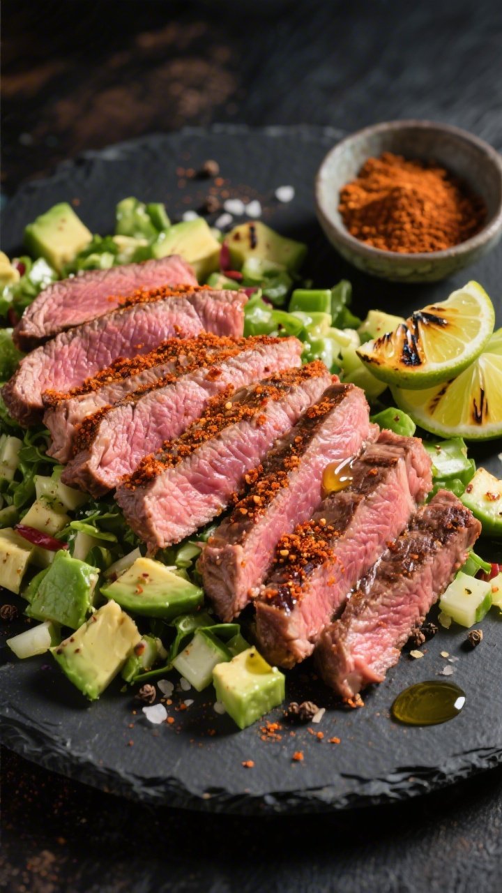 45-degree action-leaning composition of a Southwest Steak & Avocado Chopped Salad: medium-rare skirt/flank steak sliced against the grain with a chili powder, cumin, smoked paprika, garlic powder rub; juicy slices fanned over a chopped salad base with diced avocado; visible seasoning crust on the steak, a sheen of olive oil, and a sprinkle of salt and black pepper; charred-lime halves on the side and a small bowl of spice mix in frame; shot on a dark slate surface to contrast the pink steak and green avocado, with directional light to emphasize texture and grill-seared edges.