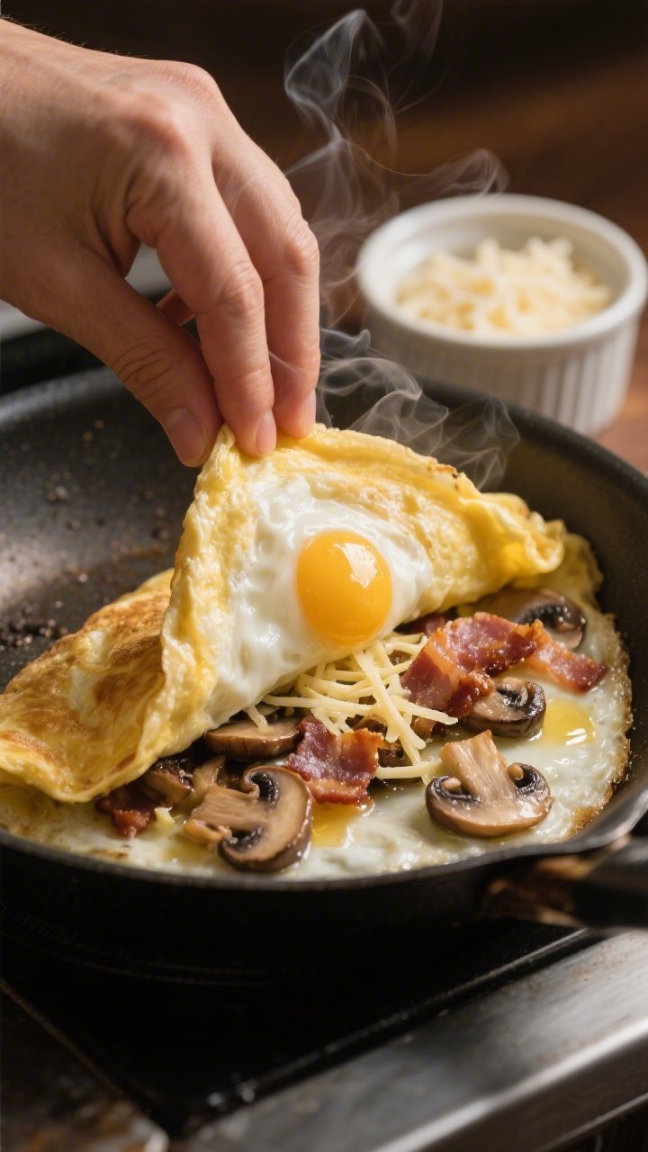 45-degree action shot of a cloud omelet being folded: fluffy, airy egg whites enveloping a rich filling of sautéed cremini mushrooms, crispy bacon pieces, and melting Gruyère strands; butter-glossed skillet surface, a wisp of steam, browned edges; a ramekin with cream of tartar and grated cheese in the background; warm, cozy lighting emphasizing texture and melt.