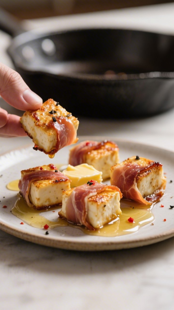 45-degree action-to-plated transition of crispy prosciutto-wrapped halloumi bites with hot honey butter: golden-edged halloumi cubes snugly wrapped in prosciutto, seared in avocado oil/ghee until crisp; served on a small plate with a glistening drizzle of keto hot “honey” butter (butter melted with allulose, red pepper heat implied), a twist of black pepper on top; sizzling skillet slightly blurred in the background, appetizing caramelized edges and savory sheen in high detail.