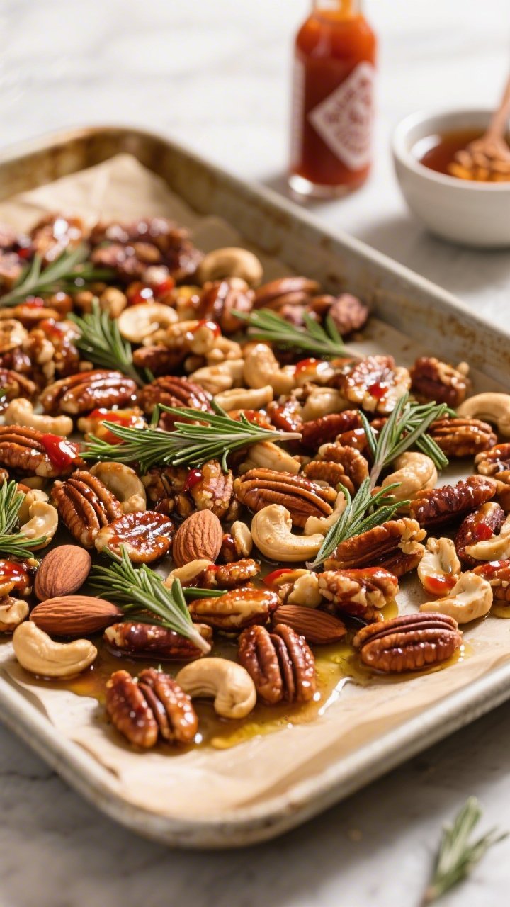 45-degree angle baking scene of Maple-Sriracha Roasted Nuts with Rosemary: a parchment-lined sheet pan of mixed nuts (almonds, cashews, pecans, walnuts) glistening in an olive oil, pure maple syrup, and sriracha glaze, studded with chopped fresh rosemary; caramelized edges catching the light; a small bowl of maple syrup and sriracha bottle in the background; warm, toasty tones with soft natural light.
