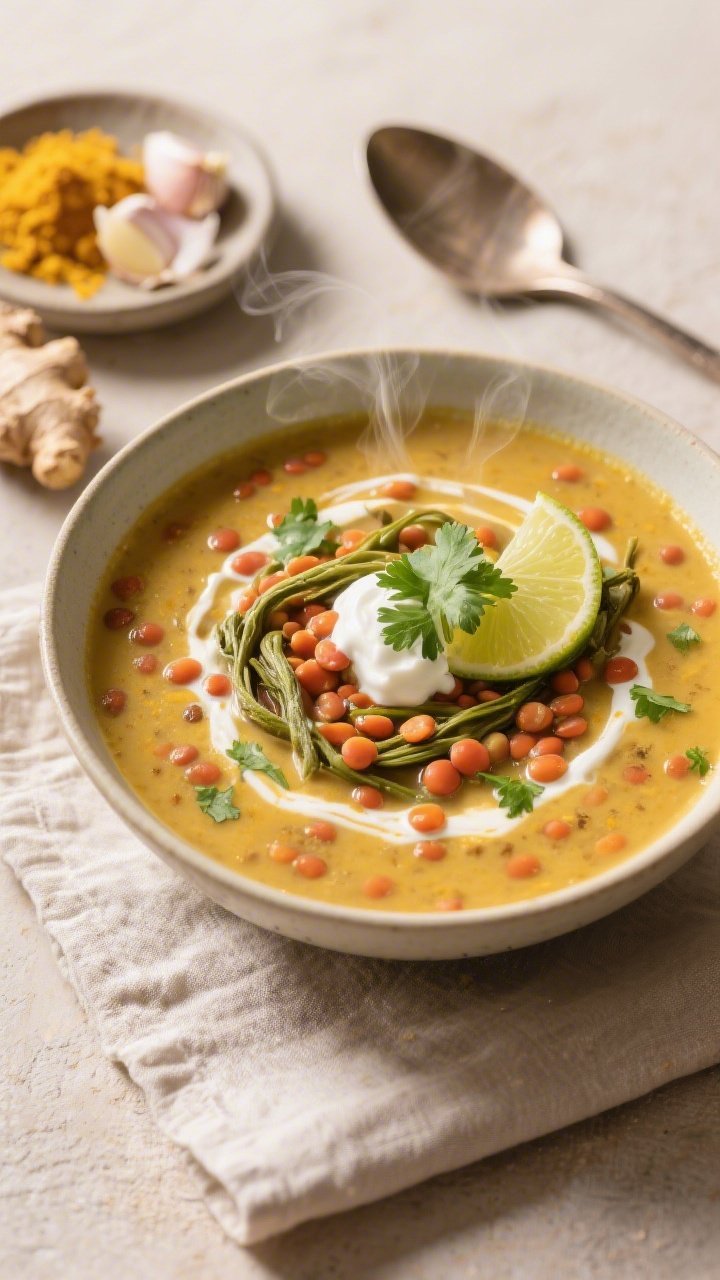 45-degree angle bowl shot of Cozy Coconut Moringa Lentil Soup: creamy golden broth from coconut milk with red lentils, speckled with turmeric and cumin, ribbons of moringa stirred in; garnished with a swirl of coconut cream, chopped cilantro, and a squeeze of lime; background props include a small dish of grated fresh ginger and minced garlic, and a spoon resting on a linen; inviting, gentle warmth with soft shadows and steam