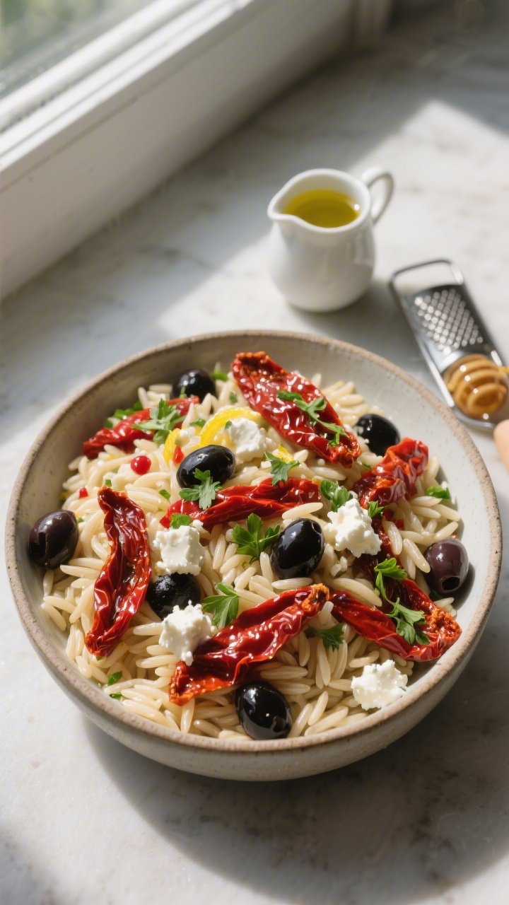 45-degree angle bowl shot of sun-dried tomato orzo salad: glossy orzo coated in extra-virgin olive oil, ribbons of sun-dried tomatoes, crumbled feta, kalamata olives, and fresh parsley; bright notes of red wine vinegar, lemon juice and zest, a hint of honey; served in a wide shallow ceramic bowl with a small pitcher of olive oil and a zester nearby; clean Mediterranean styling, vibrant reds, blacks, and creamy whites, natural window light.