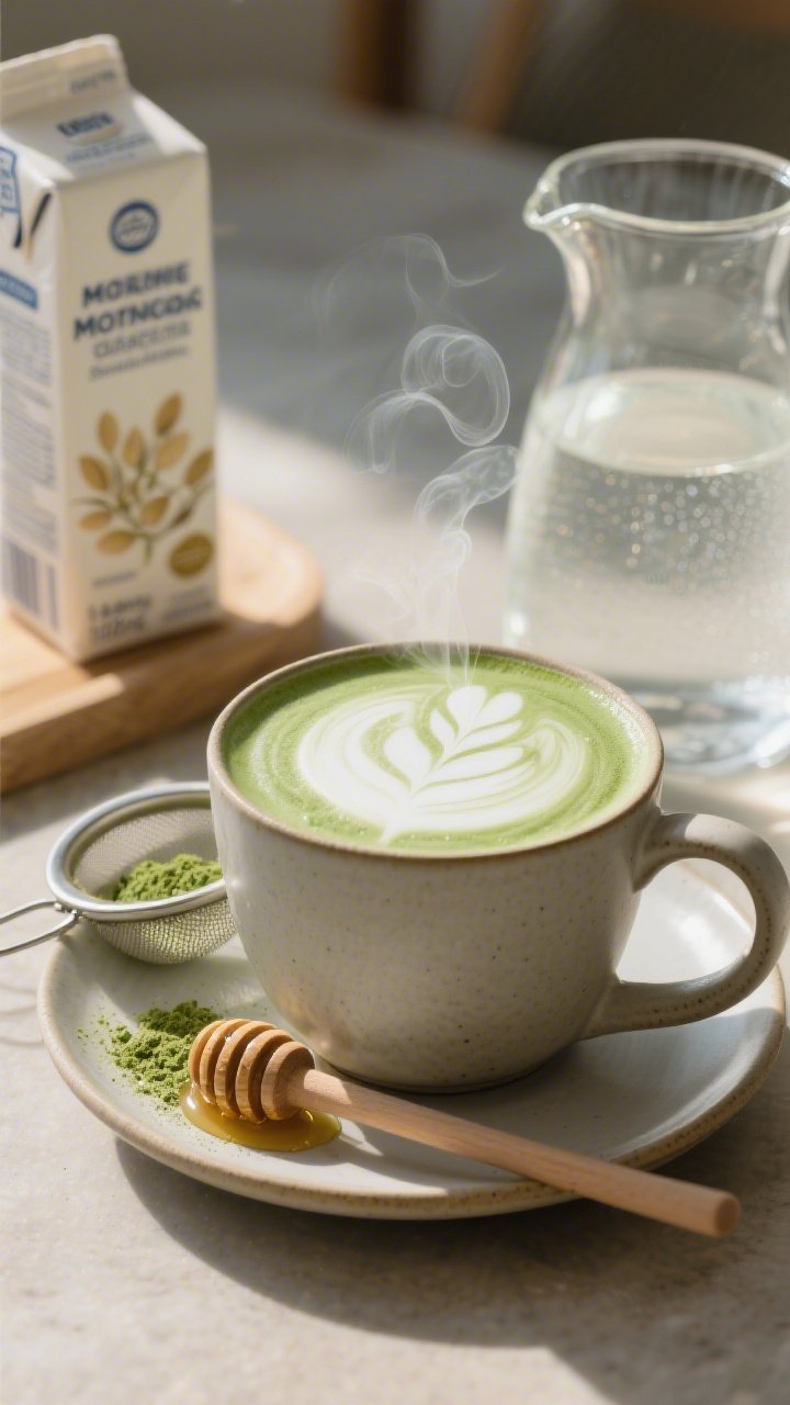45-degree angle close-up of a Creamy Moringa Matcha Latte in a matte ceramic mug: silky microfoam with a soft swirl, pale jade-green hue from matcha and moringa, steam curling up; a small sieve with matcha powder dusted on the saucer, a honey dipper with a bead of honey, a carafe of hot water at 175°F, and a carton of unsweetened oat milk in the background blur; warm afternoon light, cozy minimal styling