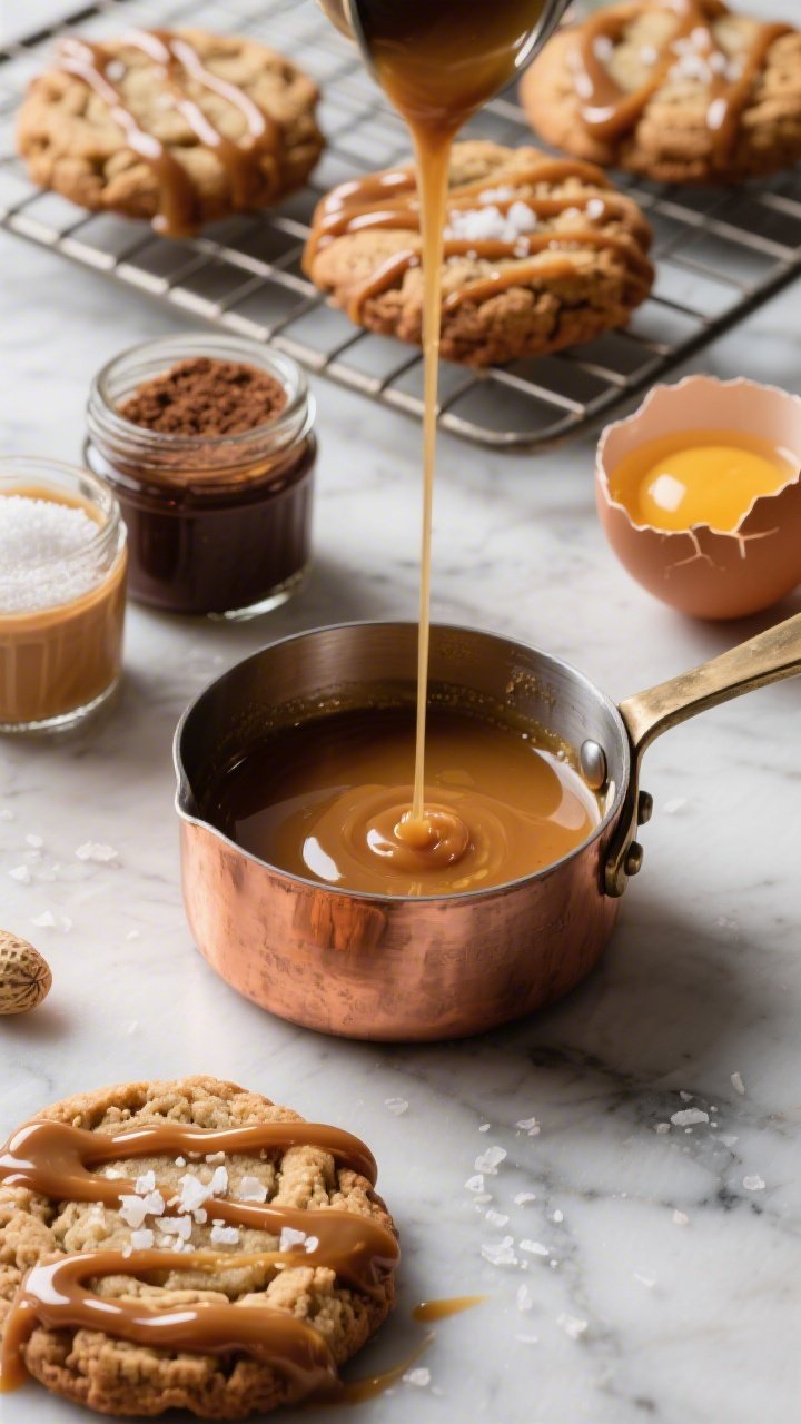 45-degree angle close-up of brown butter peanut butter cookies drizzled generously with glossy salted caramel, flakes of sea salt catching the light. Show a small copper saucepan of browned butter with toasted milk solids, a jar of dark brown sugar, granulated sugar, creamy peanut butter, and cracked egg with extra yolk on a marble surface in the background. A cooling rack holds a few cookies, caramel mid-pour for motion, moody backdrop, high contrast highlights on the caramel ribbons, ultra-sharp texture on crinkly, chewy tops.