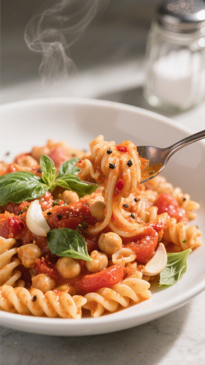 45-degree angle close-up of creamy tomato basil chickpea pasta in a shallow white bowl: whole-wheat fusilli coated in a silky crushed-tomato sauce emulsified with olive oil, garlic slices visible, a hint of red pepper flakes, and torn fresh basil scattered on top; a spoon twirls a glossy strand, light shower of black pepper and a pinch of sugar jar in background; soft afternoon light, subtle steam, comfort-food mood with rich red-orange sauce tones.