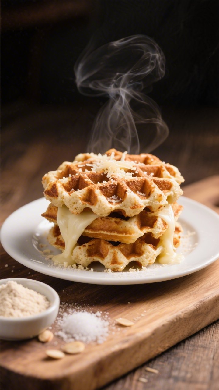45-degree angle close-up of crispy almond flour chaffles stacked on a small white plate, deep waffle pockets and browned edges, light cheese pull from mozzarella with a dusting of grated Parmesan, a small dish of fine almond flour and a pinch of baking powder and kosher salt nearby, styled on a warm wooden board, steam subtly rising, shallow depth of field highlighting the crunchy texture