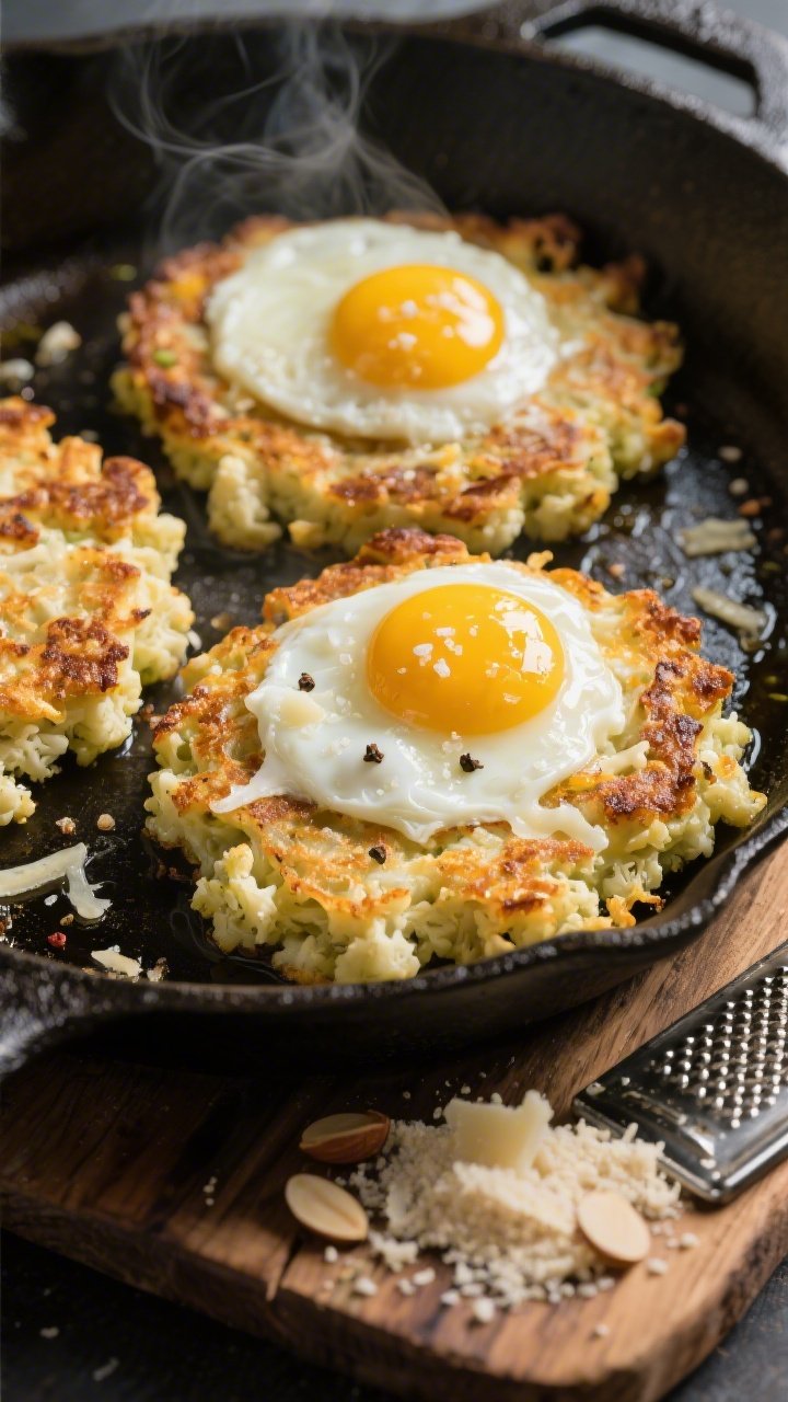 45-degree angle close-up of crispy Cheesy Cauli “Hash Browns” in a cast-iron skillet: patties made from riced cauliflower squeezed dry, shredded mozzarella, grated Parmesan, almond flour, and a hint of garlic powder and onion powder, sizzling in avocado oil until deeply golden with lacy, browned edges; two garlicky fried eggs on top with set whites and runny yolks, garlic-infused oil shimmering; flecks of sea salt and cracked pepper, steam visible, served on a rustic wooden board with a side dish of almond flour and a small grater with Parmesan crumbs; vibrant, appetizing, professional studio lighting.