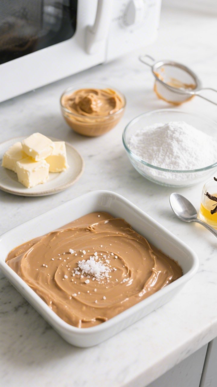 45-degree angle close-up of Five-Ingredient No-Fail Microwave Peanut Butter Fudge being pressed into a square dish, ultra-smooth surface with clean edges, a dusting of fine sea salt crystals on top. Surround with the exact five ingredients staged: cubed unsalted butter on a small plate, a bowl of creamy peanut butter, a mound of sifted powdered sugar with sifter nearby, a spoon with vanilla extract, and a microwave-safe glass bowl with residual mixture. Clean, bright kitchen counter, modern vibe, crisp highlights.