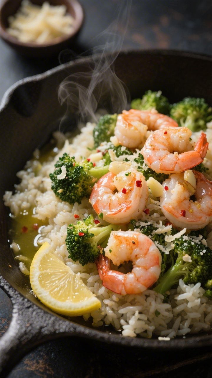 45-degree angle close-up of Garlic Butter Shrimp over Lemon-Parmesan Broccoli Rice: plump, pink shrimp glistening in butter with minced garlic and a whisper of crushed red pepper flakes, piled atop fluffy riced broccoli folded with lemon and grated Parmesan; steam rising, butter pooling gently, served in a shallow skillet with lemon slices and a small dish of extra Parm nearby, moody side light.