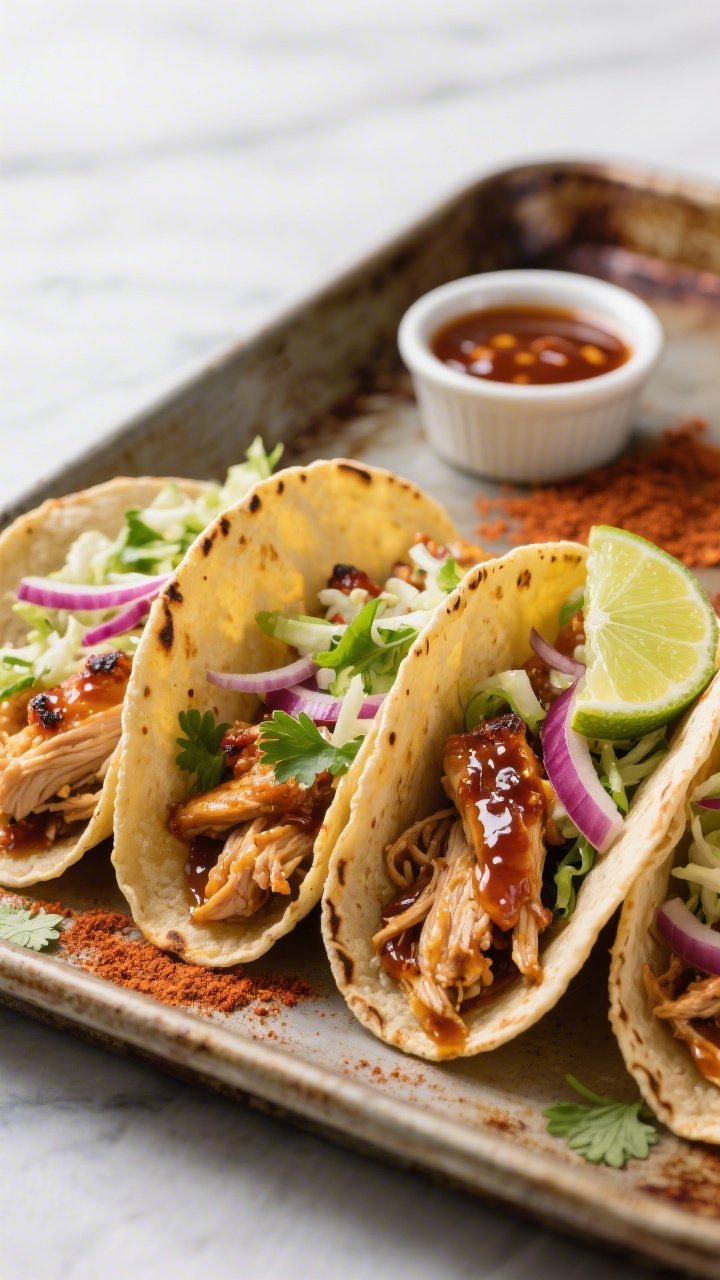 45-degree angle close-up of Honey Chipotle Pulled Chicken Tacos: shredded chicken thighs glazed in sticky honey-chipotle sauce with chili powder, cumin, and smoked paprika, tucked into warm corn tortillas; topped with crisp lime-dressed slaw, thin red onion, cilantro, and a wedge of lime; a small ramekin of extra chipotle-honey sauce and a dusting of smoked paprika on a rustic sheet pan; vibrant, juicy, slightly charred edges, steamy and irresistible.