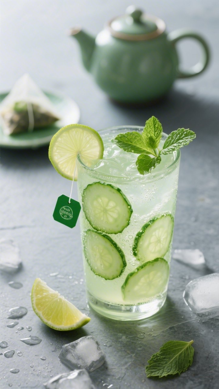 45-degree angle final drink presentation: a tall chilled glass of cucumber-mint green tea cooler with pale green hue, two green tea bags and a small teapot in the background, 6–8 translucent cucumber slices lining the glass, 6 gently crushed mint leaves floating, a wedge and 1 teaspoon’s worth of fresh lime juice evident by micro-bubbles and condensation on glass. Set on a cool slate surface with ice scatter, shot in soft daylight to highlight freshness; crisp, spa-like styling; no people.