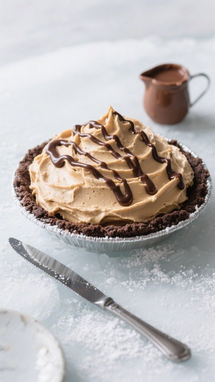 45-degree angle frozen dessert scene for Frozen Peanut Butter Mousse Pie With Chocolate Drizzle: frosty, airy peanut butter mousse (cream cheese, creamy peanut butter, powdered sugar, vanilla, softly whipped cream) mounded in a chocolate cookie crumb crust, with a delicate, glossy chocolate drizzle zigzagging over the top. Frosty edges on the pie tin, a chilled knife with clean cuts, and a small pitcher of warm chocolate sauce nearby; bright but cool-toned lighting to convey frozen texture.