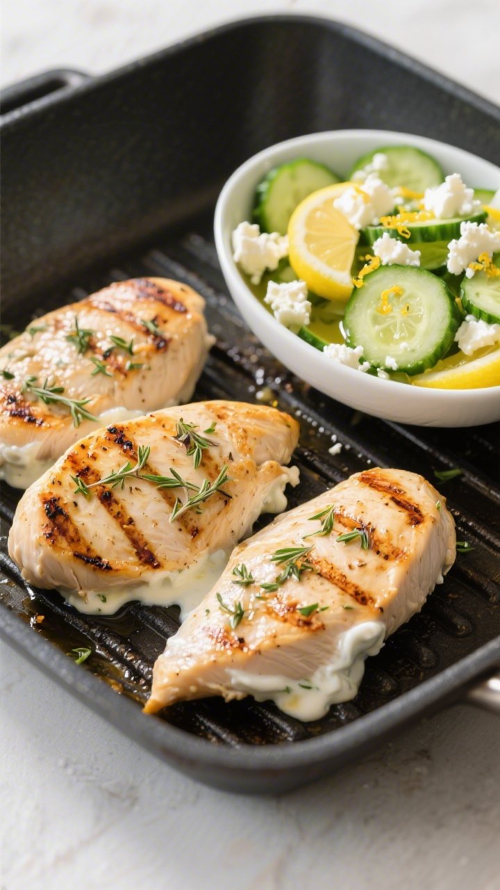 45-degree angle grill-pan scene of Greek yogurt marinated chicken breasts: char-marked, juicy pieces with a creamy yogurt-lemon-garlic glaze caramelized at the edges, oregano flecks visible; alongside a bright cucumber feta salad (cucumber half-moons, crumbled feta, olive oil, lemon zest and juice) in a low white bowl; styled light and airy with Mediterranean vibes.