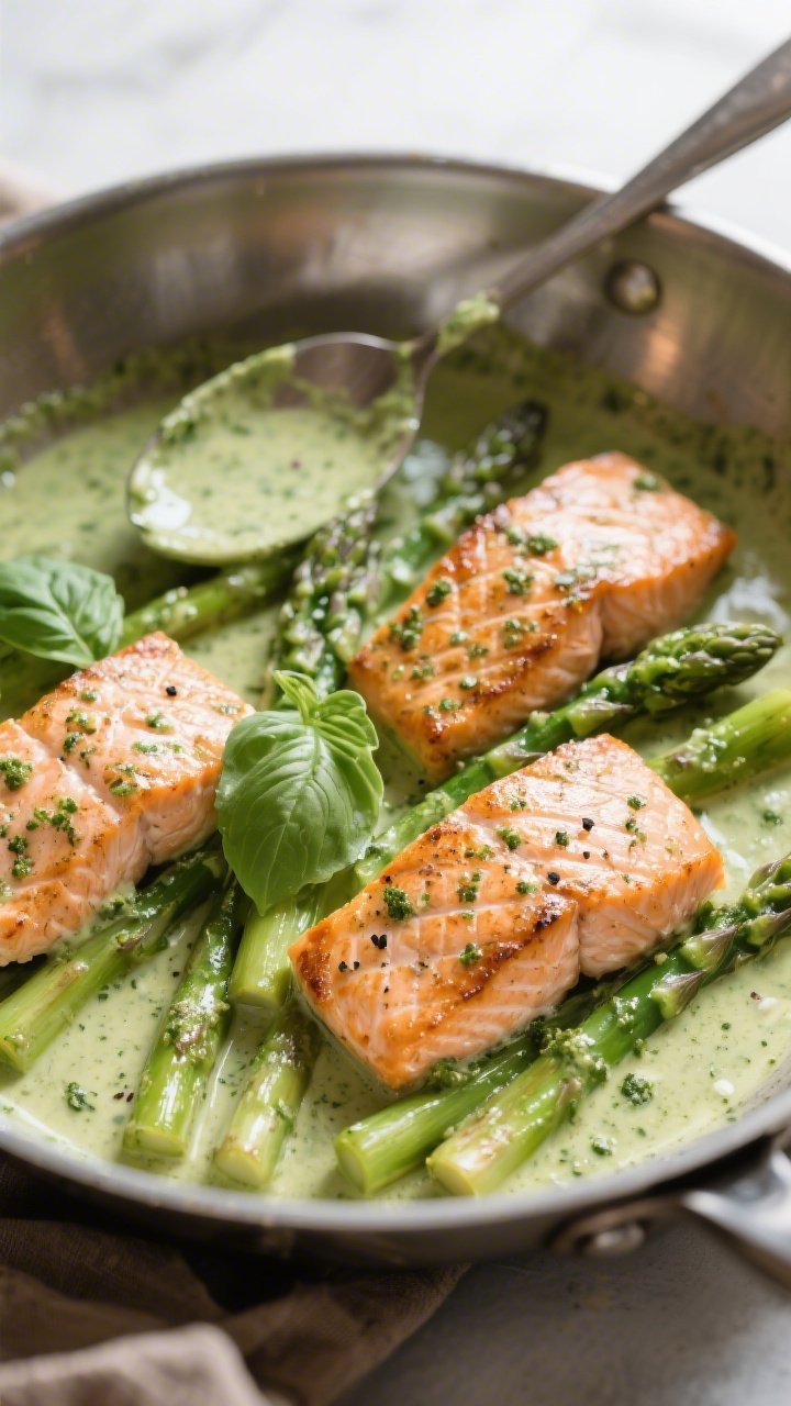 45-degree angle hero shot of Creamy Pesto Salmon With Asparagus Skillet: four seared salmon fillets, skin-on, nestled among asparagus thirds; bathed in a silky light coconut milk (or half-and-half) pesto sauce; salt and black pepper specks visible; glossy green sauce clinging to asparagus tips; served in a stainless skillet with a spoon showcasing the creamy texture; soft window light, fresh basil sprigs optional.