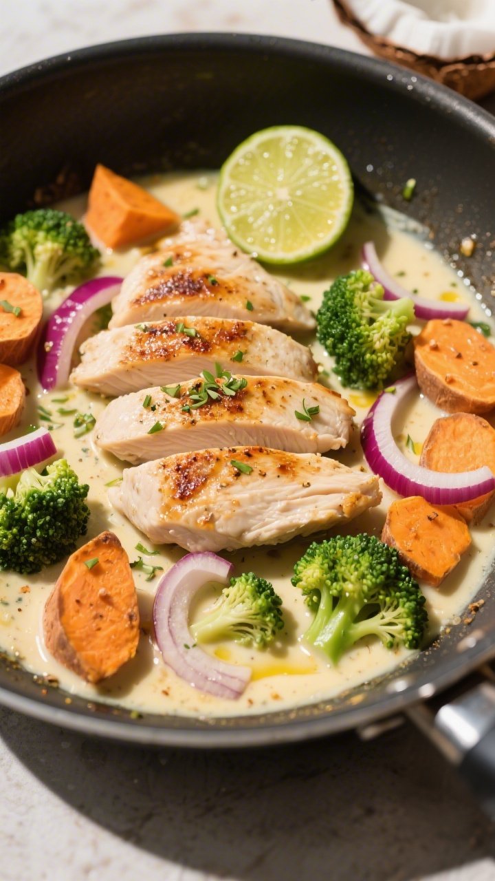 45-degree angle, in-pan cooking process of coconut-lime chicken: strips of boneless chicken breasts searing with sliced red onion, chunks of sweet potato, and broccoli florets in a shallow skillet; a creamy coconut milk pool turning slightly golden at the edges with ground coriander speckles; fresh lime halves and zest on the pan’s rim, a glisten of coconut oil; vibrant green broccoli and orange sweet potato contrast; fresh, zesty, tropical mood with bounced natural light.