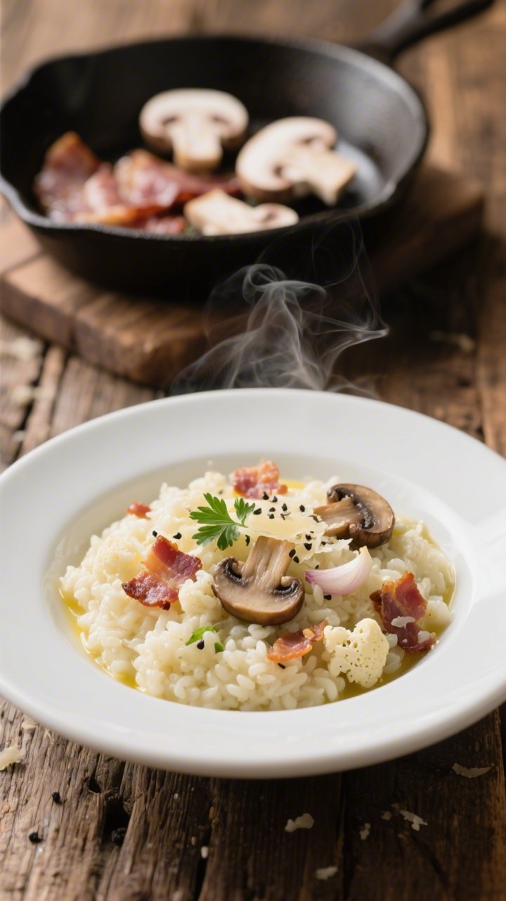 45-degree angle of creamy cauliflower “risotto” in a shallow white bowl, riced cauliflower coated in butter and Parmesan-like creaminess, studded with chopped crisp bacon and sautéed cremini mushrooms; minced shallot and garlic notes visible; garnished with parsley and black pepper; steam rising, set on a rustic wood table with a skillet of bacon and sliced mushrooms slightly blurred in the background.