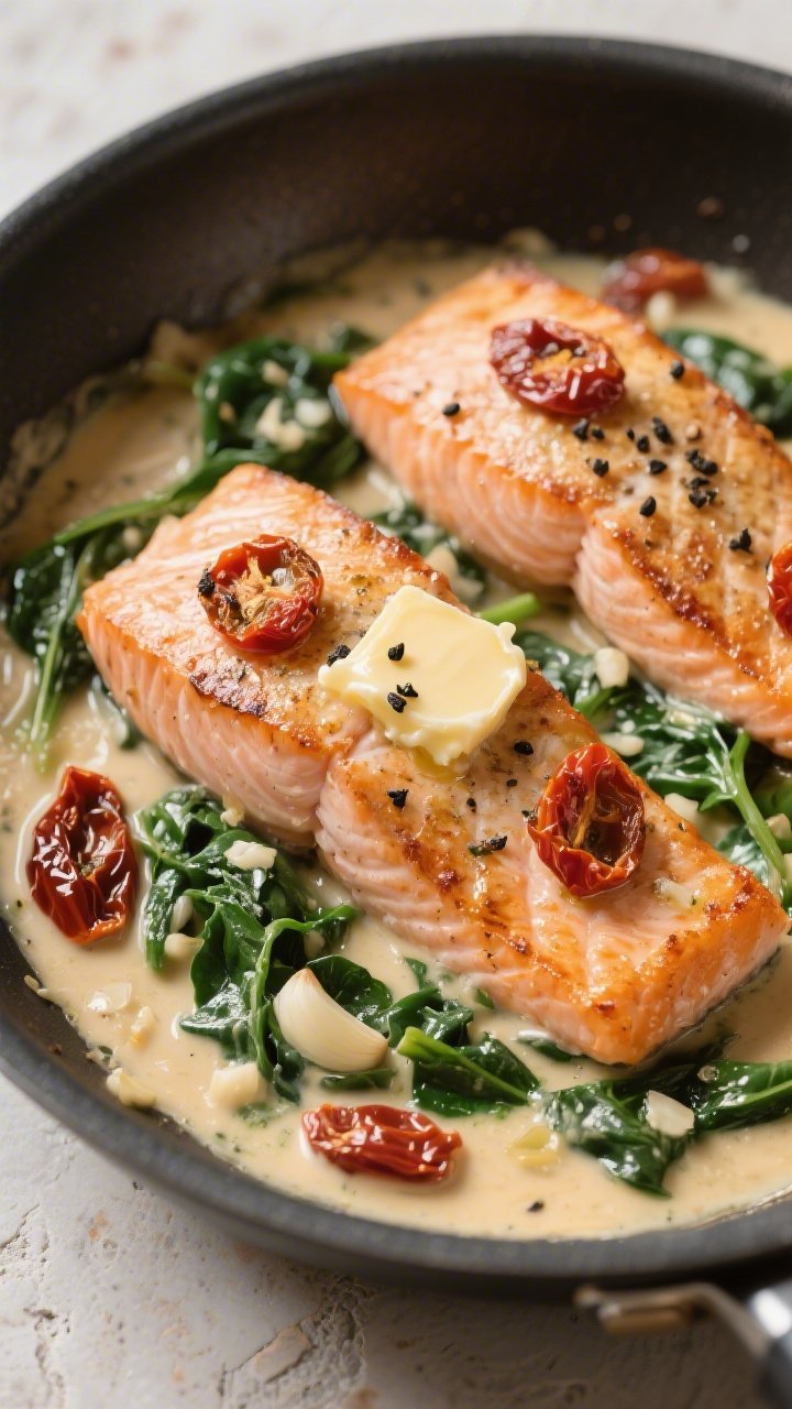 45-degree angle of creamy Tuscan salmon fillets in a wide skillet: crisp skin-on salmon nestled in a lush cream sauce with sun-dried tomatoes, wilted spinach, and minced garlic; butter gloss on top, black pepper grains visible; sauce clings to the salmon edges, with a few oil-kissed tomato pieces atop; warm, Mediterranean mood on a light stone surface.
