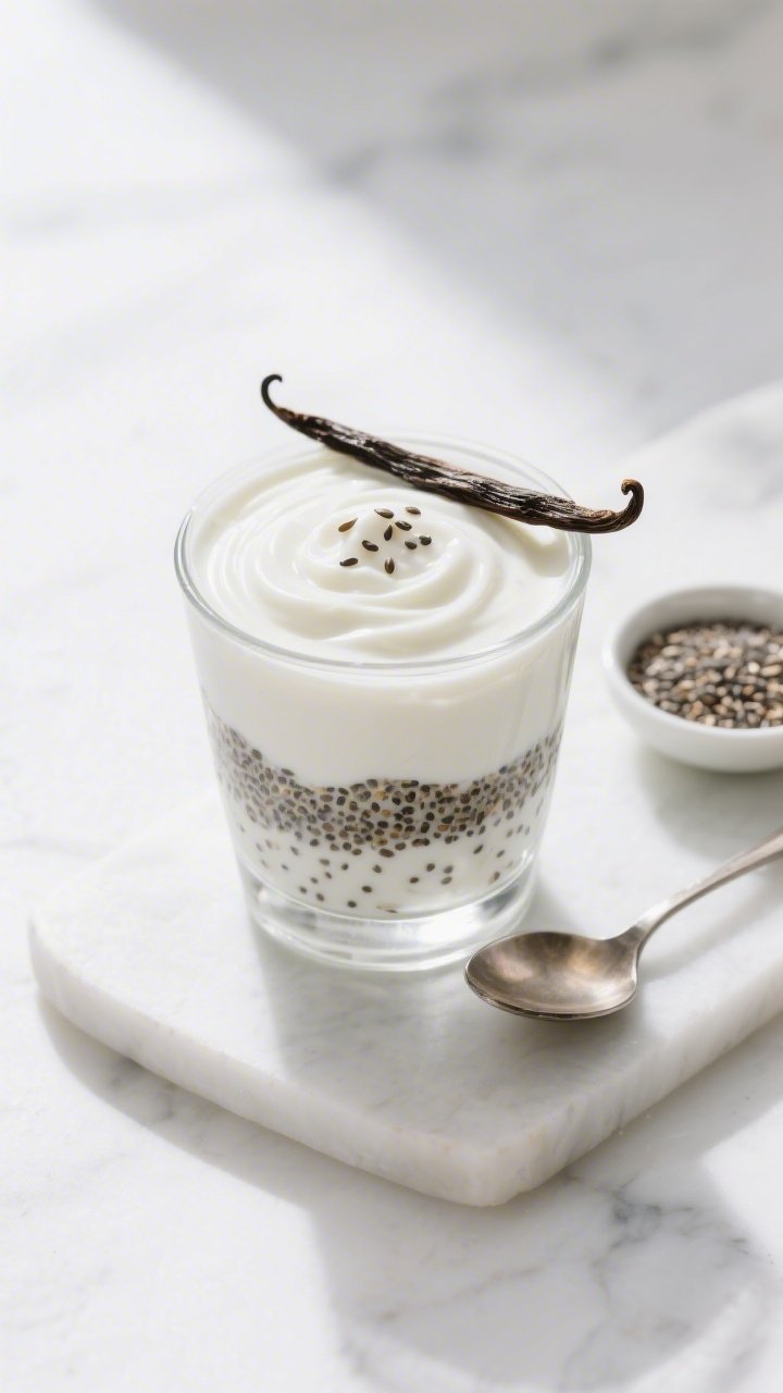 45-degree angle plated presentation of a creamy chia yogurt parfait layered in a clear glass: thick plain Greek yogurt swirled with chia seeds, a hint of vanilla, and lightly sweetened with monk fruit; topped with a minimalist garnish of a few chia seeds and a vanilla pod beside the glass; cool, bright styling on a white marble surface with a small spoon and a tiny bowl of chia seeds; soft natural light, clean, airy, wellness mood.