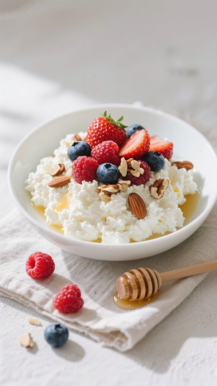 45-degree angle plated presentation of a Creamy Cottage Cheese Bowl: 2% cottage cheese mounded in a shallow white bowl, topped with a jewel-toned mix of strawberries, blueberries, and raspberries, a delicate drizzle of honey, and a sprinkle of chopped almonds and walnuts for crunch; tiny honey dipper and a few loose berries on a linen napkin; bright, clean daylight for a fresh, wholesome mood.