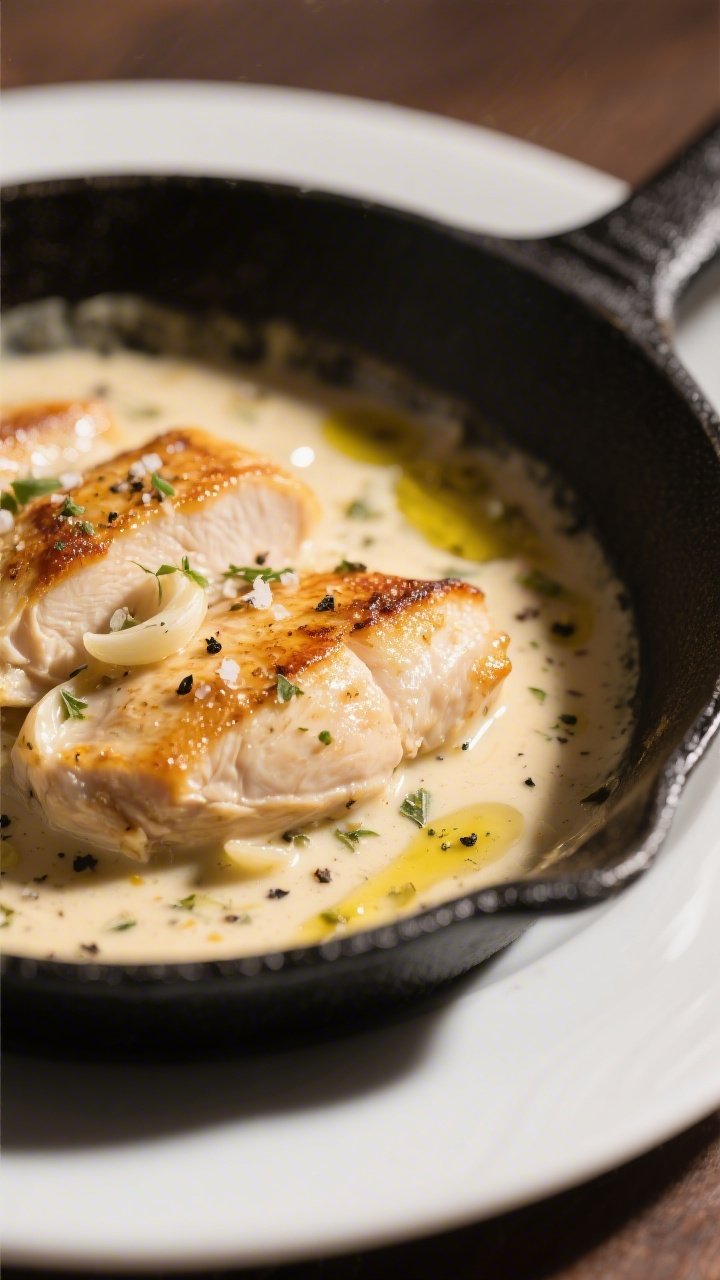 45-degree angle plated presentation of a creamy Tuscan chicken skillet: seared chicken breasts with golden edges nestled in a rich cream sauce speckled with Italian seasoning, minced garlic, and black pepper; sauce clings to the chicken with a glossy sheen; garnished lightly with sea salt and cracked pepper; served in a black enameled skillet with a drizzle of olive oil catching the light; warm, cozy mood, soft highlights, shallow depth of field.