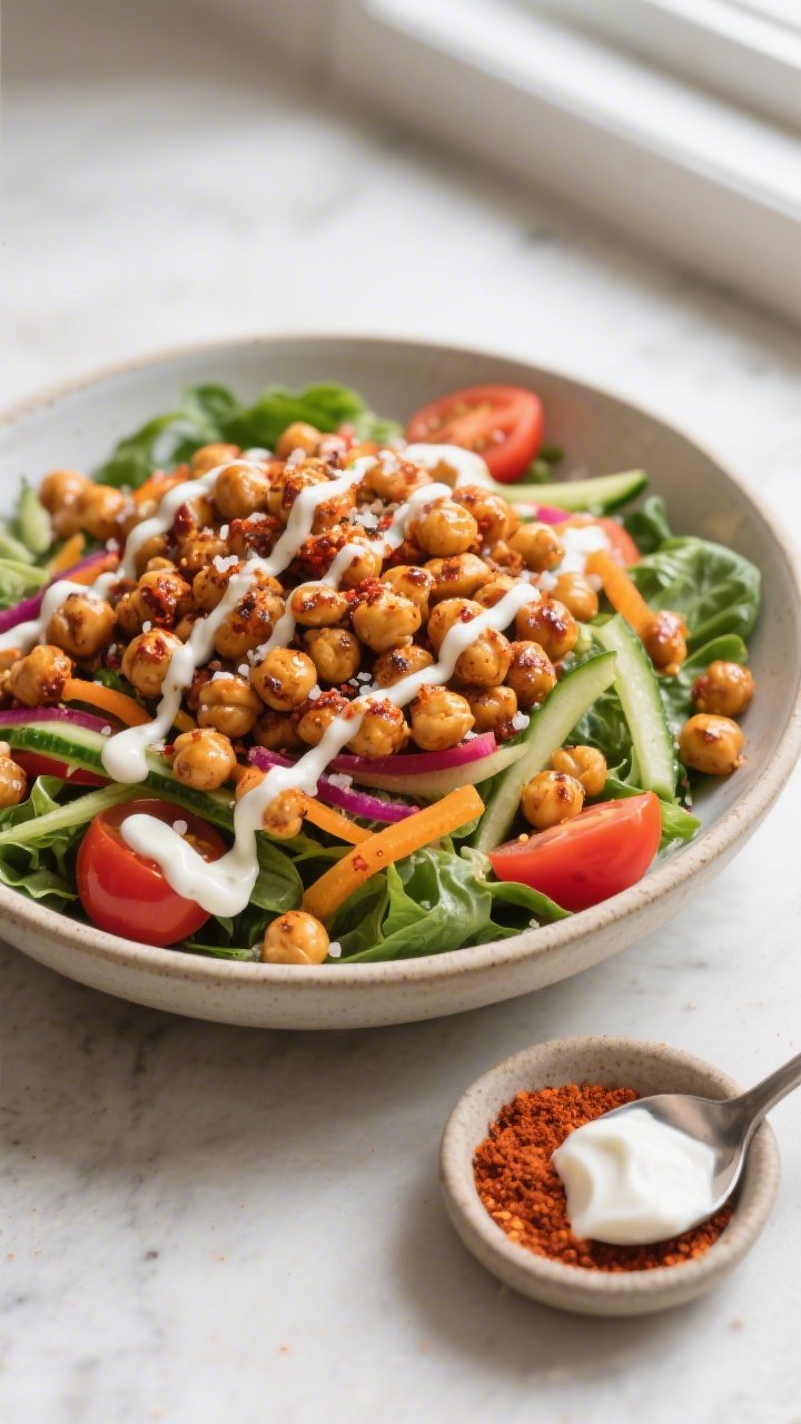 45-degree angle plated presentation of a spicy chickpea power crunch bowl: roasted chickpeas tossed with olive oil, ground cumin, smoked paprika, chili powder, and sea salt piled over 2 cups mixed greens, rainbow veggies for crunch (thin cucumber ribbons and cherry tomato halves), finished with a tangy yogurt drizzle zig-zag on top; served in a wide shallow bowl, warm tones, crisp textures, a small dish of spice blend and a spoonful of yogurt nearby, natural window light.