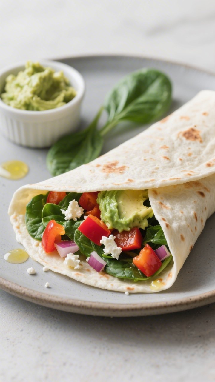 45-degree angle plated presentation of a veggie-packed egg white breakfast wrap: tender egg white “tortilla” folded and stuffed with sautéed diced bell pepper, red onion, and chopped baby spinach, with a smear of avocado smash inside and a light sprinkle of crumbled feta; drizzle of 1 teaspoon olive oil sheen visible on the veggies; served on a matte ceramic plate with a small ramekin of extra avocado smash and a few spinach leaves; clean, modern styling, fresh and healthy vibe, no people.