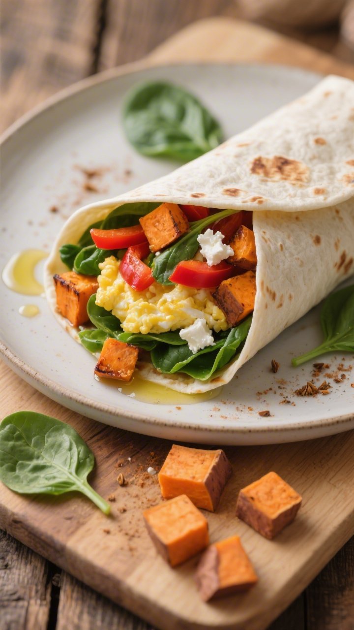 45-degree angle plated presentation of a Veggie Supreme burrito sliced open to reveal roasted sweet potato cubes (caramelized edges), ribbons of wilted baby spinach, thin red bell pepper slices, tender scrambled eggs, and crumbled feta throughout. Drizzle of olive oil and a dusting of cumin on the cutting board, a few raw sweet potato cubes and spinach leaves scattered artfully. Neutral ceramic plate on a rustic wooden surface, warm, natural light highlighting the orange, green, and white contrast.
