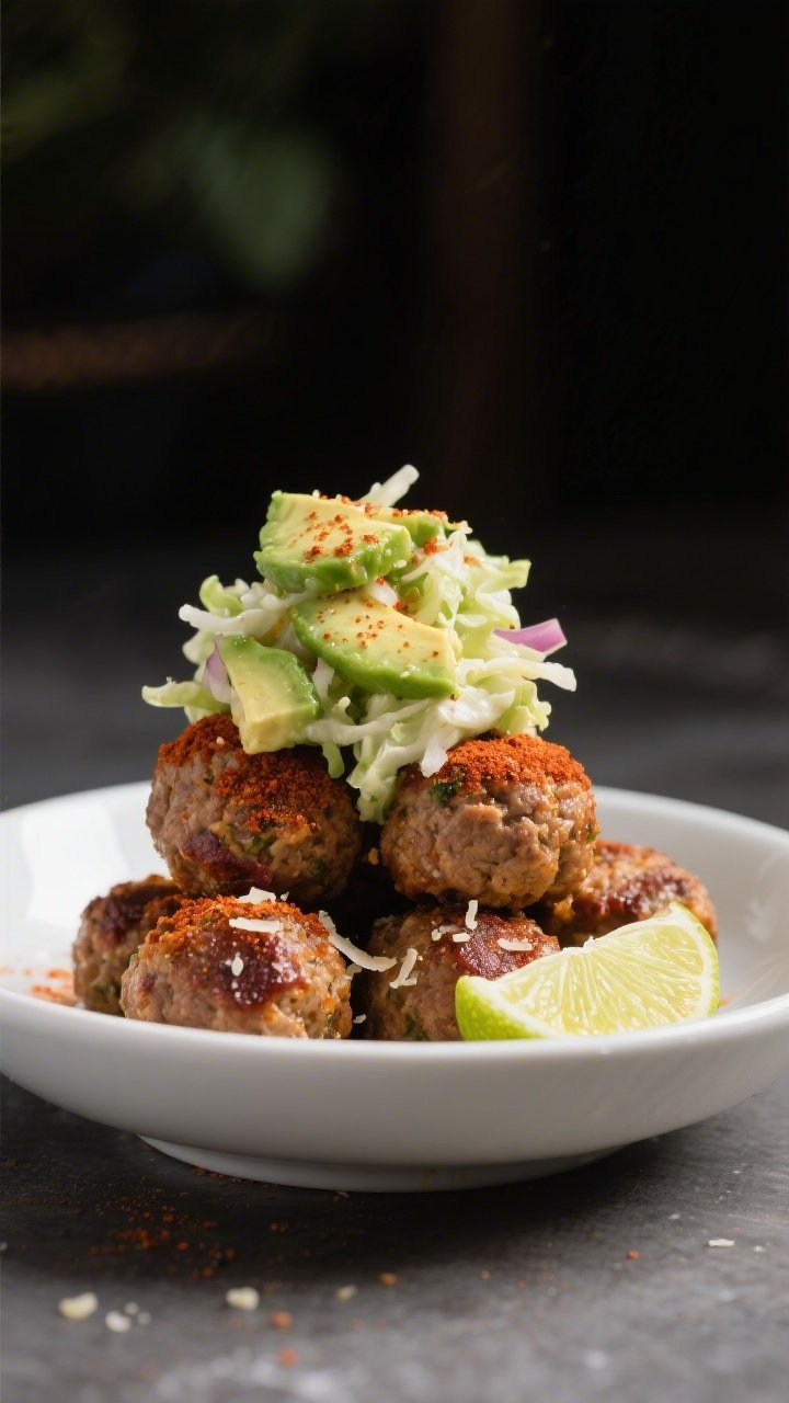 45-degree angle plated presentation of chipotle turkey meatballs stacked in a shallow white bowl, caramelized edges dusted with smoked paprika and chipotle chili powder, flecks of Parmesan visible; topped with a creamy avocado-lime slaw (finely shredded cabbage folded with avocado, lime, and a hint of onion and garlic powder), lime wedges on the side; moody backdrop to emphasize the spicy-smooth contrast.