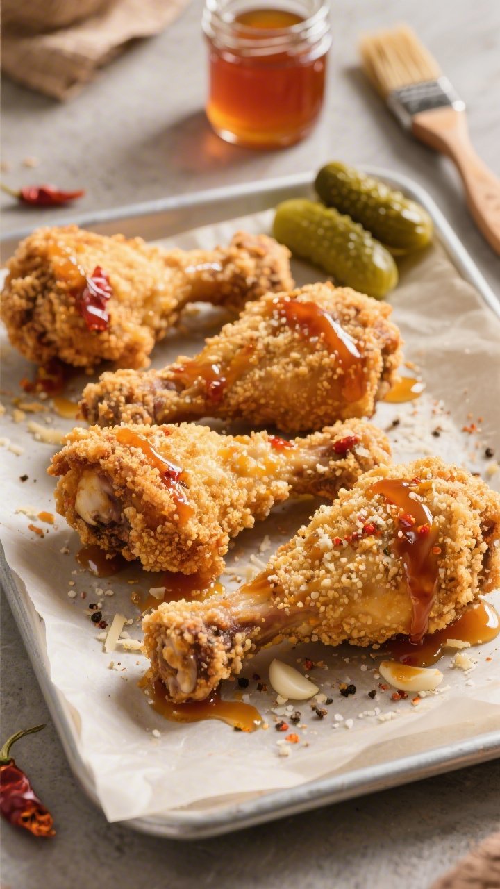 45-degree angle plated presentation of Crispy Oven-Baked Hot Honey Chicken: bone-in, skin-on drumsticks coated in a craggy panko-Parmesan crust, drizzled with sticky hot honey; visible seasoning of garlic powder, onion powder, kosher salt, and black pepper; placed on a parchment-lined sheet with a side of pickles for contrast; golden, crunchy texture highlighted with directional light; a small glass jar of hot honey and a pastry brush in the background; warm, spicy vibe with chili flecks glistening in the glaze.