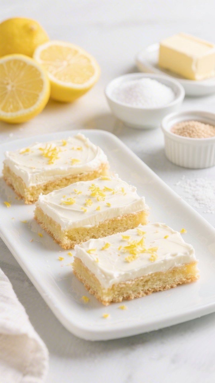45-degree angle plated presentation of Lemon-Lush Sugar Cookie Bars on a white ceramic platter, each bar generously coated with zesty cream cheese frosting and finely grated lemon zest confetti on top. In the background, show halved bright lemons, a small bowl of granulated sugar, a stick of softened unsalted butter, and a ramekin with cornstarch, baking powder, and fine sea salt. Clean, airy styling with cool tones, highlighting the pale yellow crumb and silky frosting with citrus oils glistening.