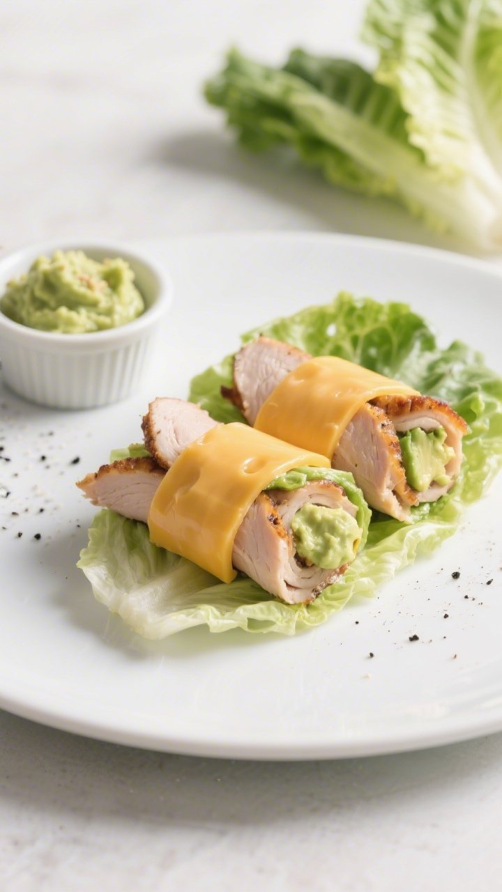 45-degree angle plated presentation of smoky turkey-cheddar lettuce roll-ups: butter lettuce leaves wrapped around sliced roasted turkey breast, halved sharp cheddar slices peeking through, a creamy avocado spread visible at the seam, neatly stacked on a matte white plate; extra avocado mash in a tiny ramekin, a few romaine hearts in the background, light sprinkle of black pepper, clean modern styling, soft daylight, focus on glossy cheddar edges and fresh lettuce crunch.