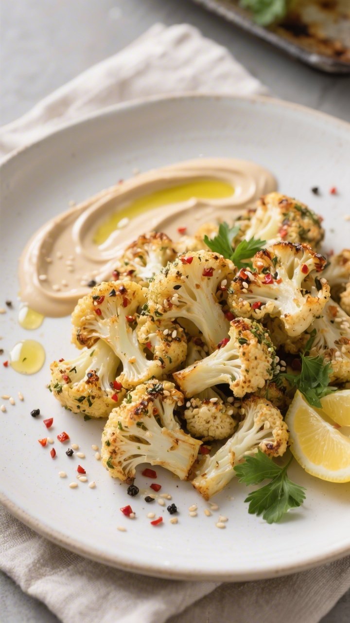 45-degree angle plated presentation of Za’atar Sheet-Pan Cauliflower: roasted florets with sesame-flecked za’atar crust, cumin warmth, and a light char, piled on a wide white plate. A generous tahini swirl across the plate with olive oil droplets, extra za’atar sprinkled over, red pepper flakes dotted sparingly, cracked black pepper visible. Garnish with a few parsley leaves and lemon wedges. Soft natural light, Middle Eastern vibe, matte ceramic plate on a linen napkin.