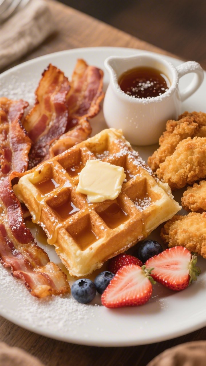 45-degree angle plated scene of a “Waffle Wonderland” with Belgian waffles quartered and stacked, drizzled with warm maple syrup and a pat of melting butter. Surround with crisp, wavy strips of thick-cut bacon, golden breaded chicken tenders for a chicken-and-waffles vibe, and a scatter of fresh halved strawberries and blueberries. Include a small pitcher of syrup and a dusting of powdered sugar. Emphasize contrasting textures: crunchy chicken crust, crispy bacon, airy waffle pockets. Warm, cozy brunch mood, shallow depth of field.