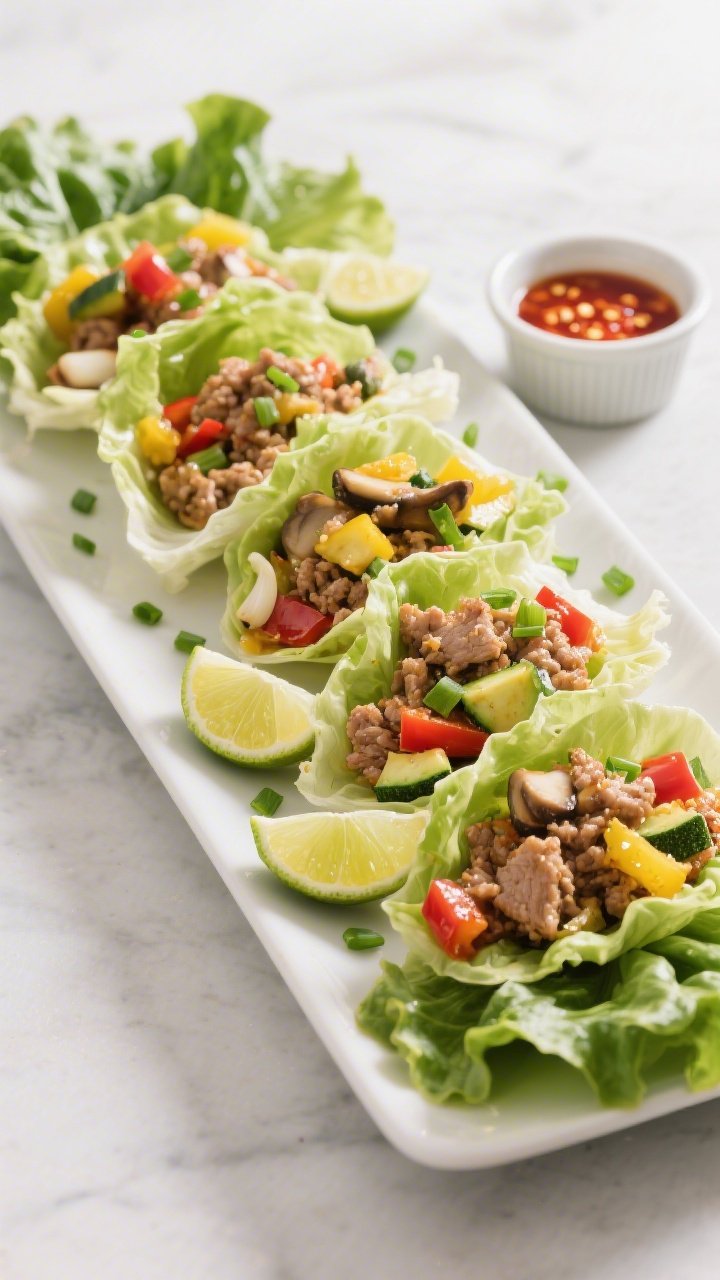 45-degree angle plated scene of Fiery Turkey and Veggie Lettuce Wraps: crisp butter lettuce cups filled with lean ground turkey sautéed with minced yellow onion, garlic, finely chopped mushrooms, diced red bell pepper, and small zucchini pieces, all glistening from avocado oil; garnished with a squeeze of lime and a scatter of green onion tops; arranged on a long platter with extra lettuce leaves and a small ramekin of chili-garlic sauce; vibrant, punchy colors and a bright, appetizing mood.