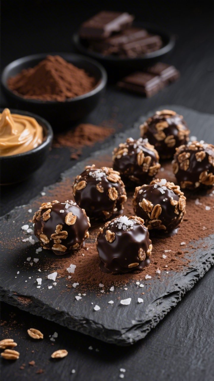 45-degree angle plated shot of Dark Chocolate Sea Salt Crunch Balls: glossy cocoa-dark bites studded with crisp brown rice cereal, lightly dusted cocoa on the slate plate, visible flakes of sea salt sparkling on top; bowls of natural creamy peanut butter, unsweetened cocoa powder, and chocolate protein powder in the background; rich moody lighting with a black slate backdrop to emphasize the dark chocolate tone, sharp focus on crunchy texture.