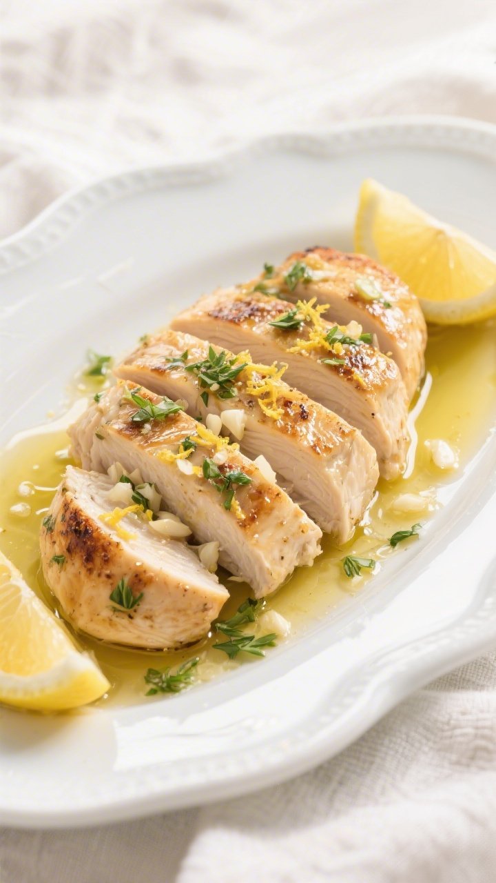 45-degree angle plated shot of lemon-garlic herb chicken breasts, perfectly juicy with light char from the air fryer, sliced to show moist interior. Glossed with extra-virgin olive oil, sprinkled with lemon zest, minced garlic, and chopped fresh herbs. Garnished with lemon wedges and a drizzle of pan juices on a white ceramic plate over a light linen. Bright, clean styling, natural daylight to emphasize freshness.
