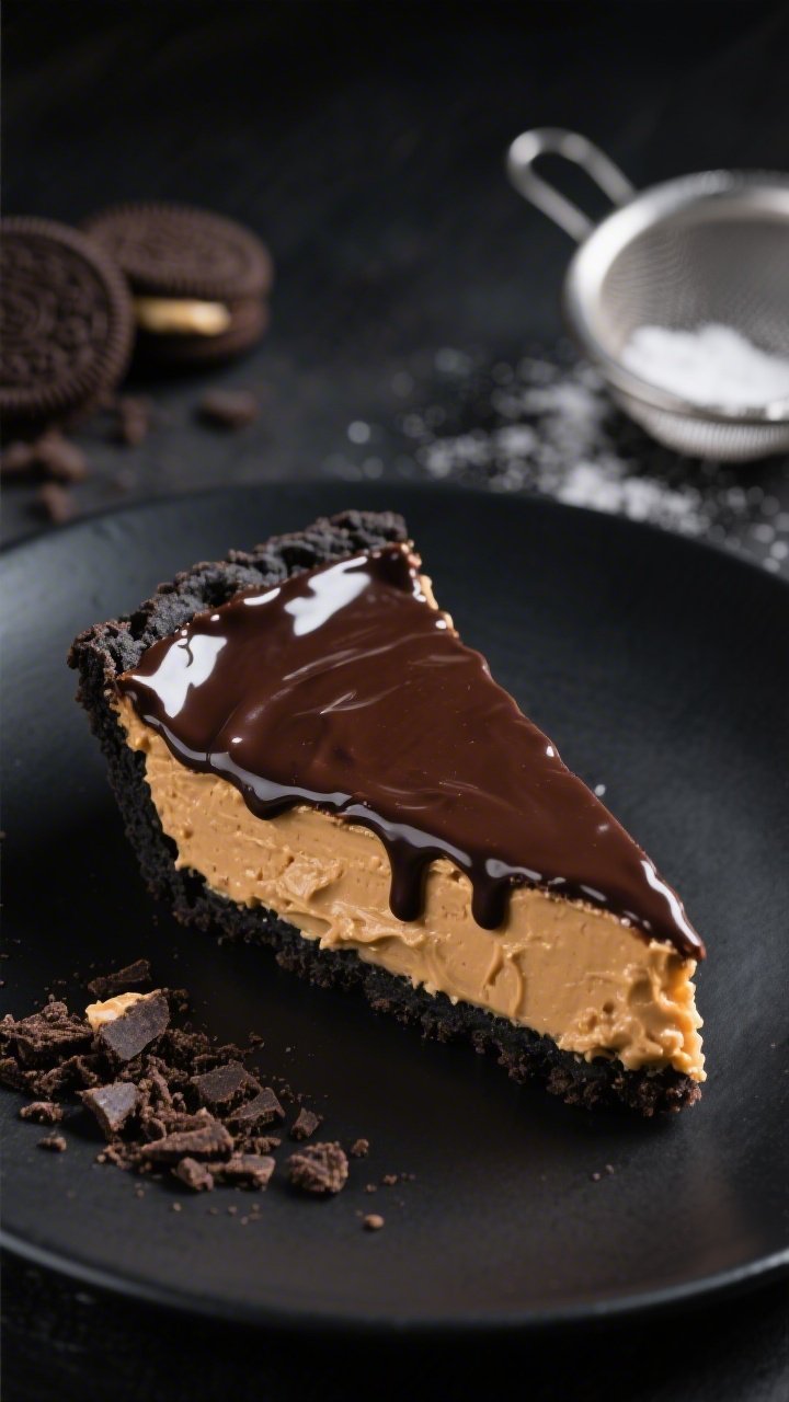 45-degree angle plated slice of Chocolate Cookie Crust Peanut Butter Pie With Ganache: glossy dark chocolate ganache cascading over a thick, creamy peanut butter–cream cheese filling set in a jet-black chocolate sandwich cookie crust (cream included) bound with melted unsalted butter. Crust crumbs scattered on a matte black plate, a small pile of finely crushed cookies in the background, and a sieve dusted with a hint of powdered sugar; moody, high-contrast lighting to highlight the shine of the ganache and the crumbly cookie edge.