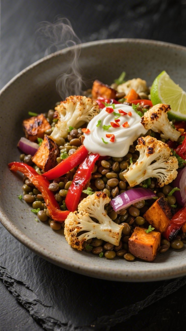 45-degree angle roasted veggie and lentil salad plating: a generous heap of smoky roasted cauliflower florets, red bell pepper strips, red onion wedges, and caramelized sweet potato chunks folded into tender green/brown lentils, all dolloped with swirls of chili-lime yogurt. Garnished with lime zest and chili flakes. Set in a matte stoneware bowl on a dark slate surface for contrast, warm directional light to emphasize charred edges and steam.