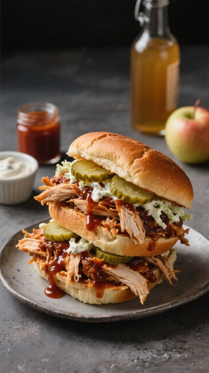 45-degree angle sandwich stack of BBQ Ranch Chicken: saucy shredded chicken breast tossed in barbecue sauce with a hint of ranch, piled high on toasted brioche buns; topped with crunchy pickle chips and optional creamy slaw, barbecue sauce dripping slightly; a small jar of BBQ sauce, a ramekin of ranch, and apple cider vinegar bottle in the background; glossy, sticky, craveable, with moody contrast and sharp detail on the shredded strands.