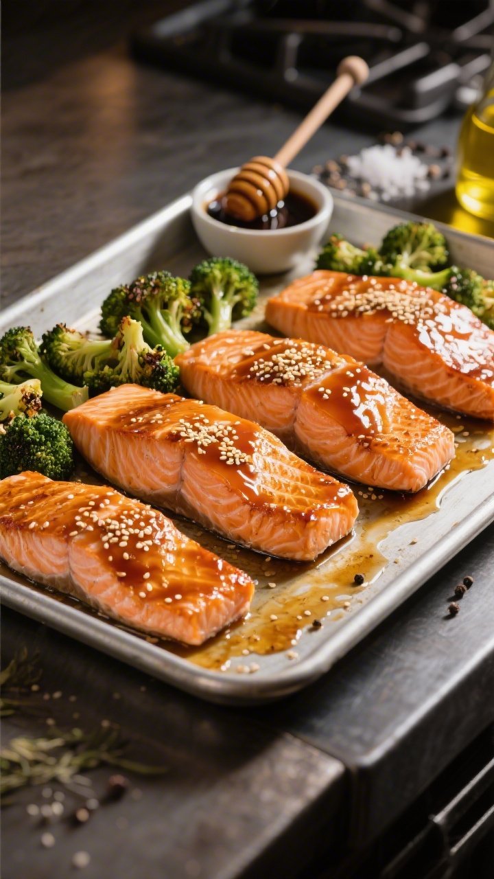 45-degree angle sheet-pan scene: four lacquered honey-soy salmon fillets, skin crisped, nestled beside sesame-sprinkled roasted broccoli florets; glaze pooling slightly on the pan, with a small dish of low-sodium soy sauce and a honey dipper nearby; olive oil sheen, salt and black pepper flakes visible; warm, evening kitchen mood with directional light highlighting caramelized edges.