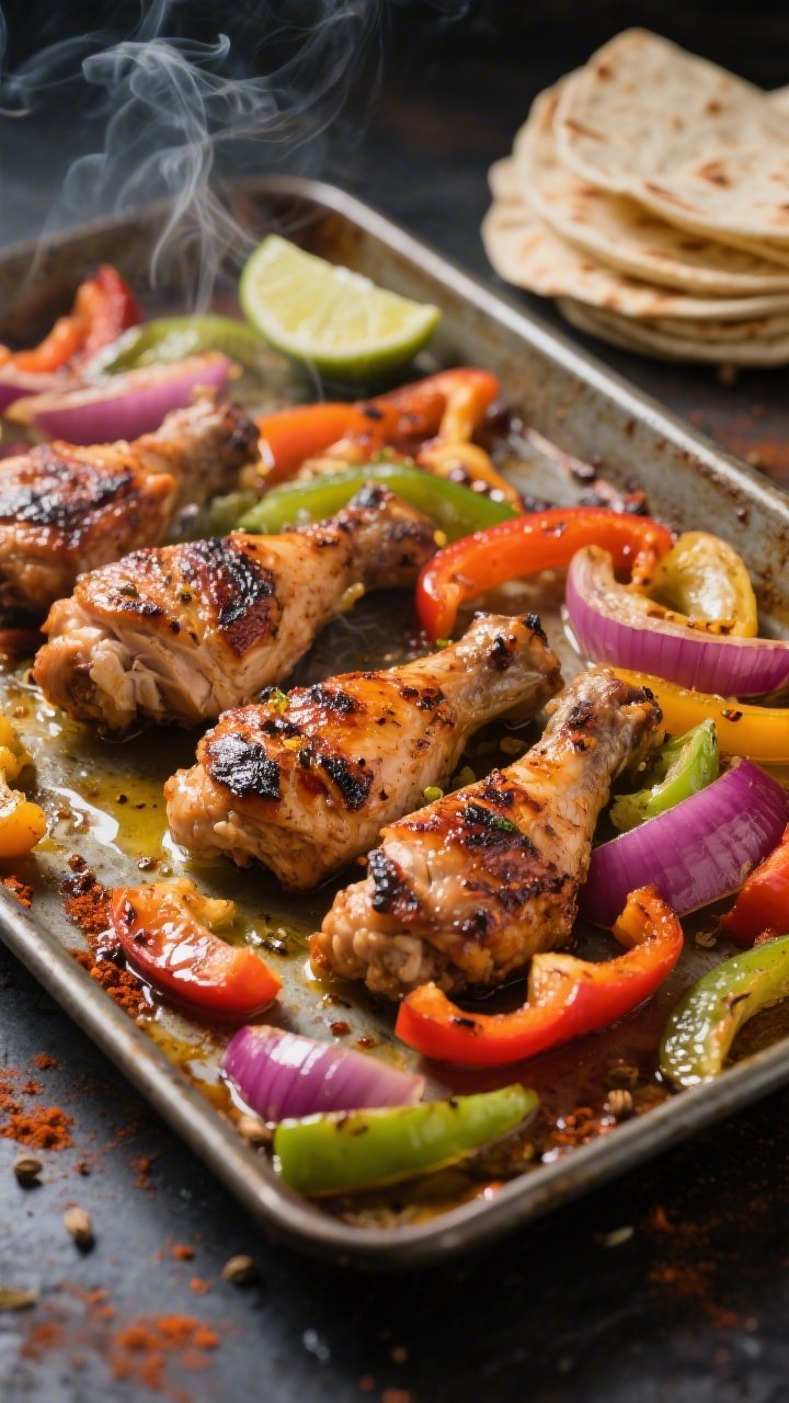 45-degree angle sheet-pan scene straight from the oven: smoky chipotle chicken thigh strips with charred edges, colorful sliced bell peppers and red onion softened and blistered, all glistening with olive oil; visible seasoning specks of chili powder, cumin, and paprika; wisps of steam rising; lime wedges and warm tortillas stacked to the side for context; rustic baking sheet on a dark metal surface to amplify the char and “fajita sizzle” mood.