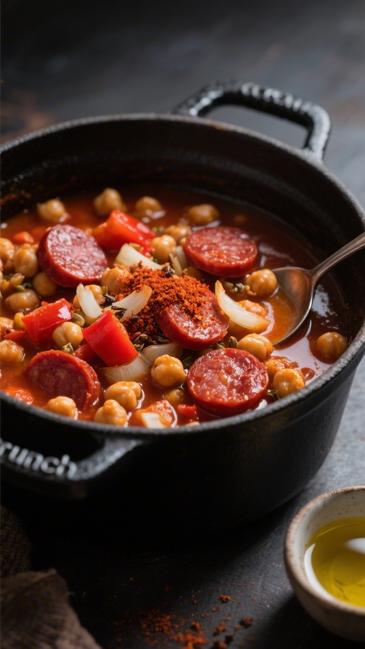 45-degree angle shot of a smoky chorizo and chickpea stew in a matte black Dutch oven: Spanish chorizo coins glistening red, plump chickpeas, diced red bell pepper, soft onions, and minced garlic suspended in a paprika-stained broth; a dusting of smoked paprika and ground cumin visible on the surface for a paprika “crunch” finish; rustic spoon marks on the sides, a small bowl of olive oil nearby, warm, moody lighting to emphasize the deep reds and ambers.