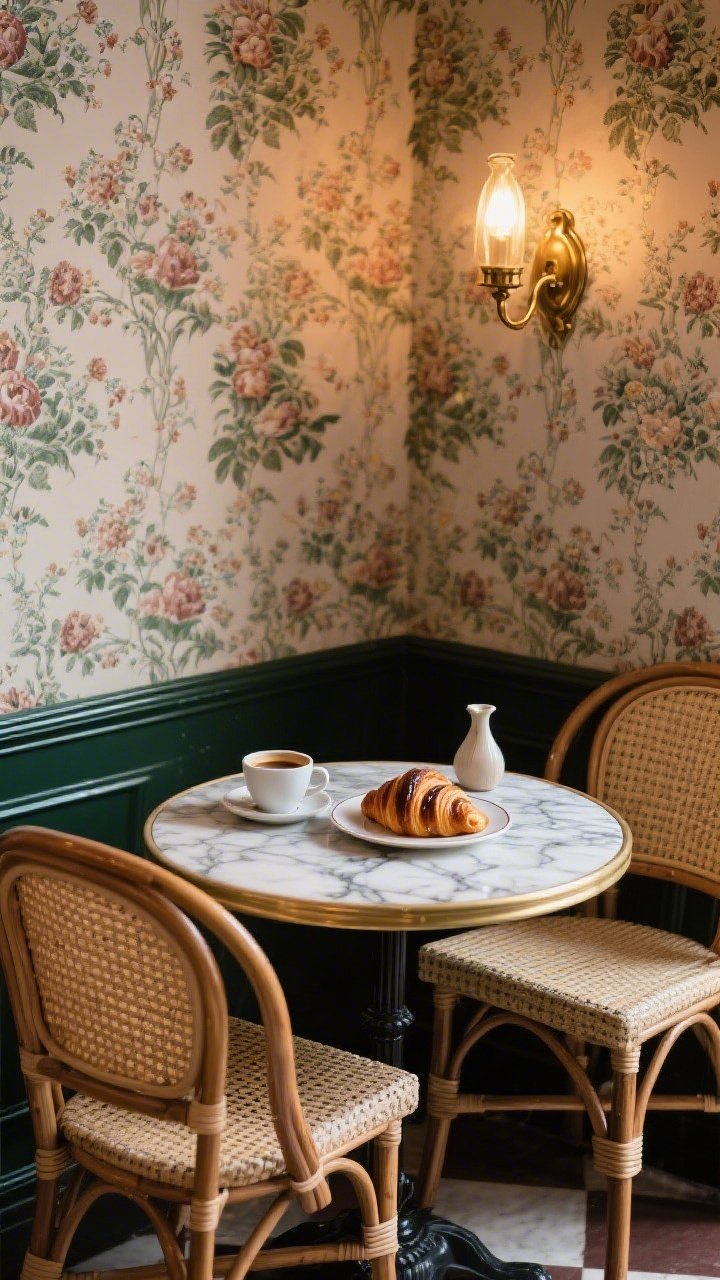 45-degree angle shot of a vintage bistro setup: a small round marble (or faux-marble) bistro table (26–30 inches) with two bentwood or rattan chairs, patterned wallpaper backdrop (floral/toile/art deco), and a brass vintage-style sconce glowing warmly. On the table, a flaky pain au chocolat on a dessert plate, espresso in a demitasse, and a tiny vase. Emphasize marble veining, chair curves, and wallpaper pattern; nostalgic café vibe, rich texture, polished highlights.