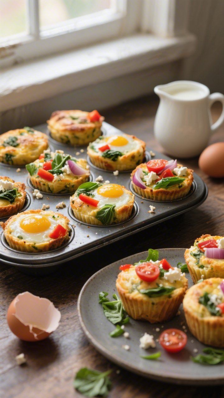 45-degree angle shot of freshly baked savory veggie egg muffins cooling on a dark metal muffin tray: visible flecks of baby spinach, finely diced red bell pepper, red onion, cherry tomato halves, and crumbled feta set in fluffy egg; a small pitcher of milk and cracked eggshells nearby; a few muffins plated on a matte ceramic plate with scattered chopped greens; warm, natural window light to highlight golden tops and colorful veggies, rustic kitchen vibe, no people.