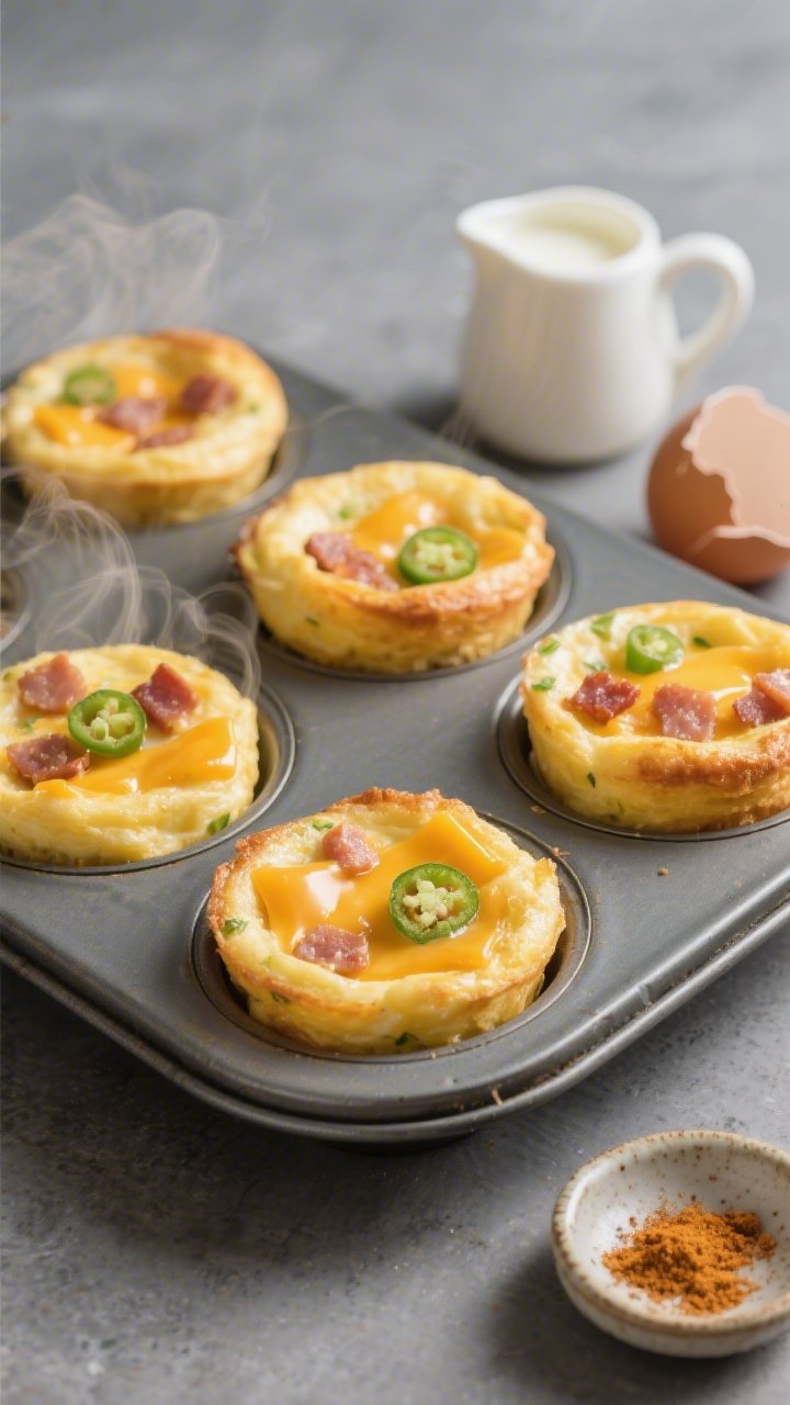 45-degree angle shot of golden, fluffy blender egg bites just released from a muffin tin, steam rising: the tender custardy interior showing melted sharp cheddar pockets, flecks of finely chopped jalapeño, and bits of diced cooked bacon/sausage; a small pitcher of heavy cream and a cracked egg nearby hint at the blend, with onion powder sprinkled on a ceramic pinch dish; neutral slate backdrop, soft directional light, emphasis on airy texture and cheesy sheen.