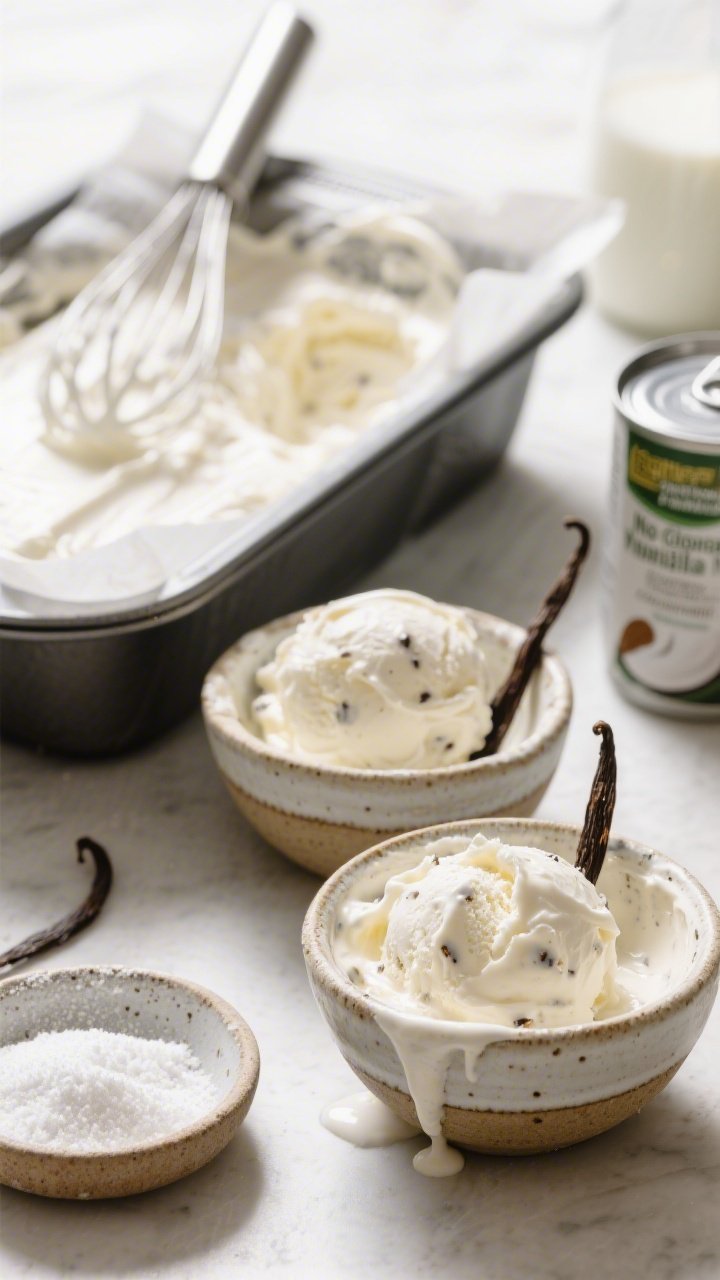45-degree angle shot of No-Churn Vanilla Bean Ice Cream scooped into rustic ceramic bowls, with distinct vanilla bean specks visible in the creamy off-white texture. Show a loaf pan in the background lined with parchment holding the remaining ice cream, a whisk with softly whipped heavy cream residue, a can of full-fat coconut milk, and a small dish of powdered allulose. Drips starting to soften at the edges for appetizing melt, bright natural light, crisp focus on the scoops.