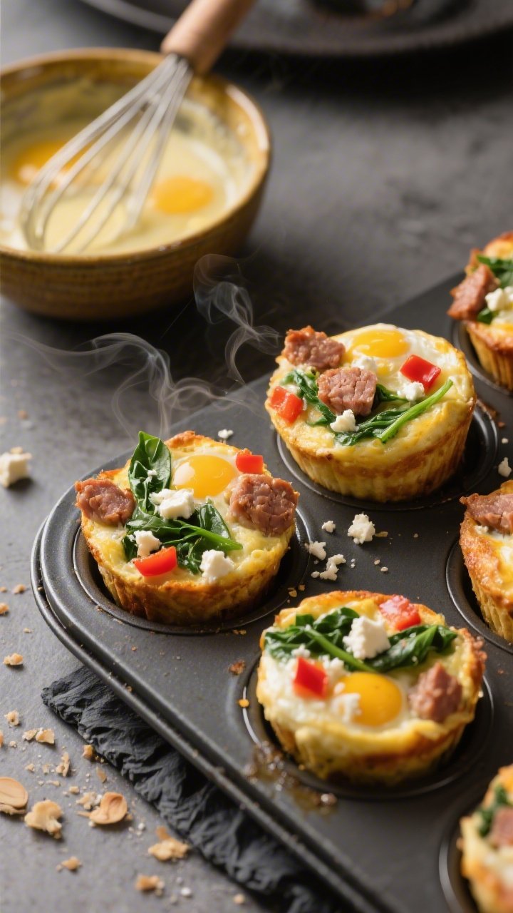 45-degree angle shot of savory egg muffins just out of the oven on a dark nonstick muffin tin: visible chunks of turkey sausage, chopped baby spinach ribbons, crumbled feta, and flecks of diced red bell pepper set in fluffy egg custard whisked with unsweetened almond milk; a few muffins lifted and placed on a slate board with crumbs and steam hinting at warmth, a bowl of whisked egg mixture in the background, golden edges and vibrant greens/reds, clean kitchen surface, professional crisp detail.