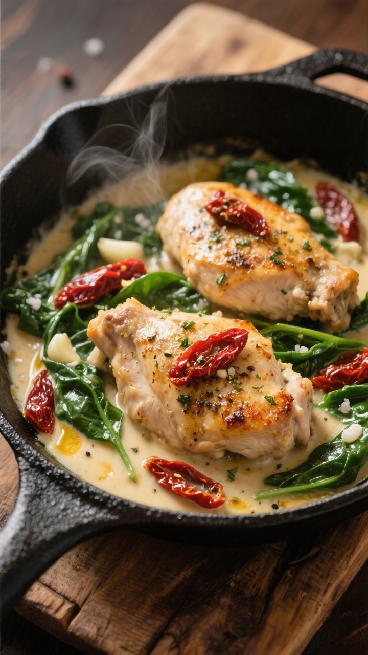 45-degree angle skillet scene of a creamy Tuscan chicken: boneless, skinless chicken thighs seared in olive oil and butter, coated with Italian seasoning, then bathed in a velvety garlic cream sauce with wilted spinach and ribbons of sun-dried tomatoes. Visible specks of kosher salt, black pepper, and minced garlic in the sauce; slight golden fond around the skillet edges. Served in a black cast-iron skillet on a rustic wooden board; steam subtly rising; warm, cozy lighting to highlight the sauce’s richness and the contrast of deep green spinach and ruby sun-dried tomatoes.