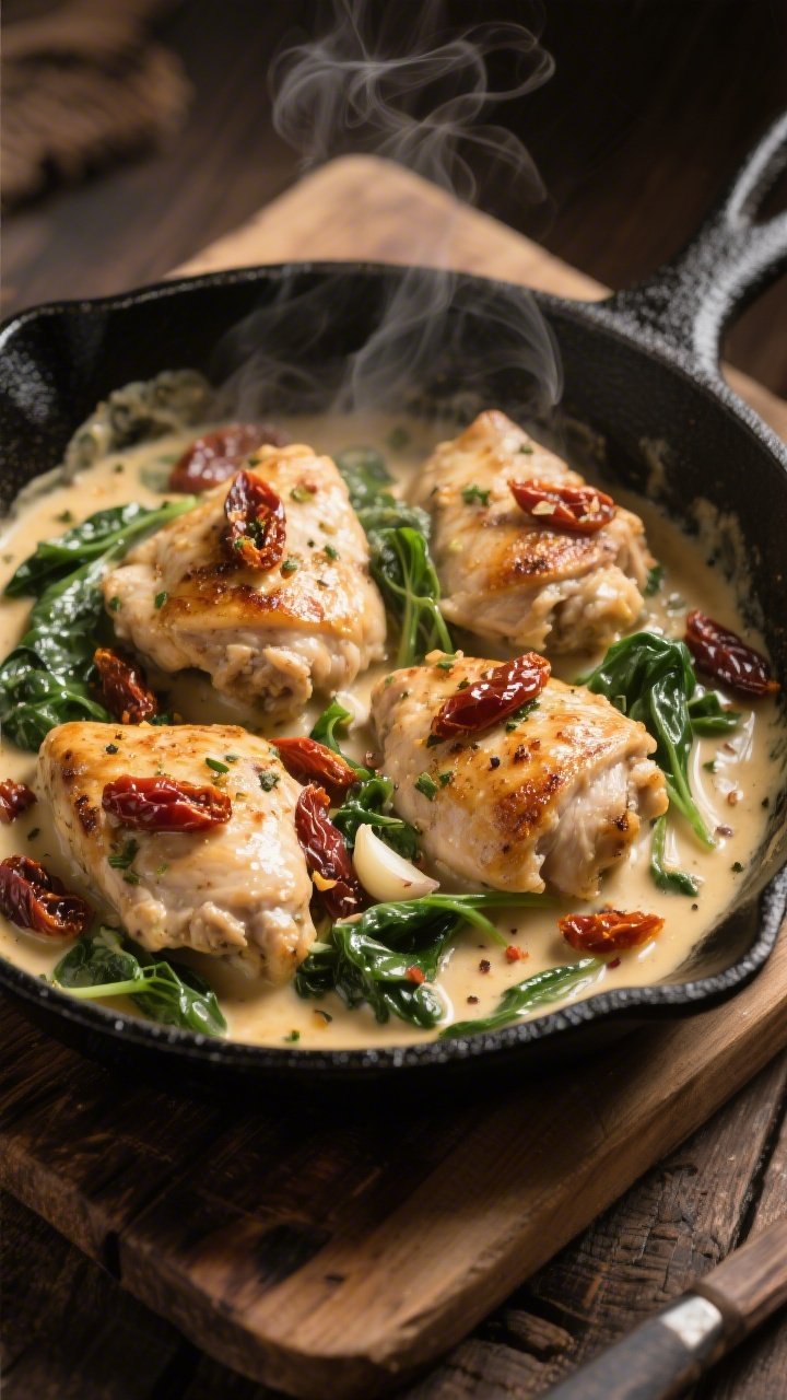 45-degree angle skillet scene of creamy Tuscan chicken: bite-sized chicken thighs seared and nestled in a rich cream sauce studded with sun-dried tomatoes and wilted spinach, flecks of Italian seasoning and garlic visible, glossy sauce clinging to the chicken; presented in a black cast-iron skillet on a rustic wooden board, steam subtly rising, warm golden tones, no utensils, focus on the luscious, comforting texture.